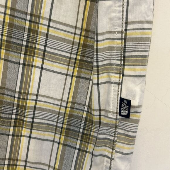 The North Face yellow gray plaid short snap button front shirt Size L EUC - Picture 7 of 12